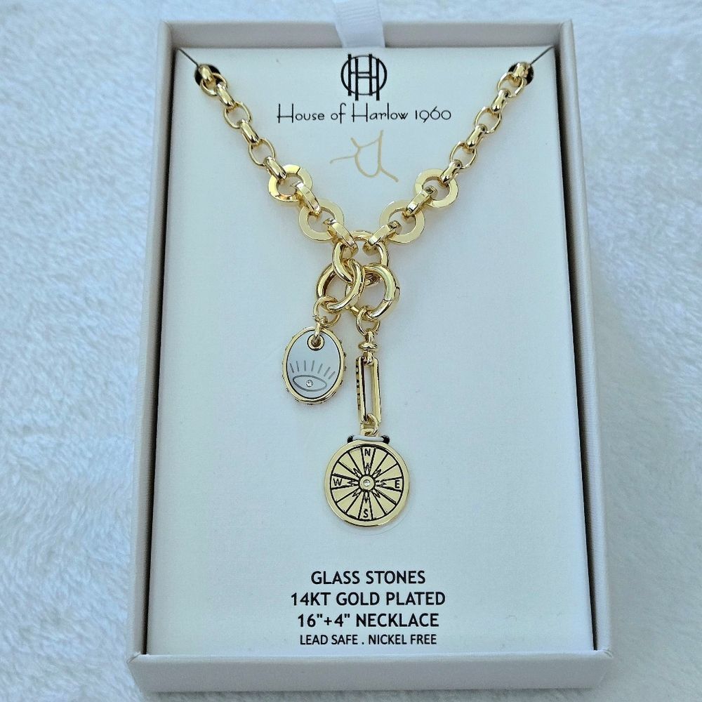 House🏠 of Harlow 1960 Evil Eye🧿 and Compass⏱️ Charms Necklace  - NIB